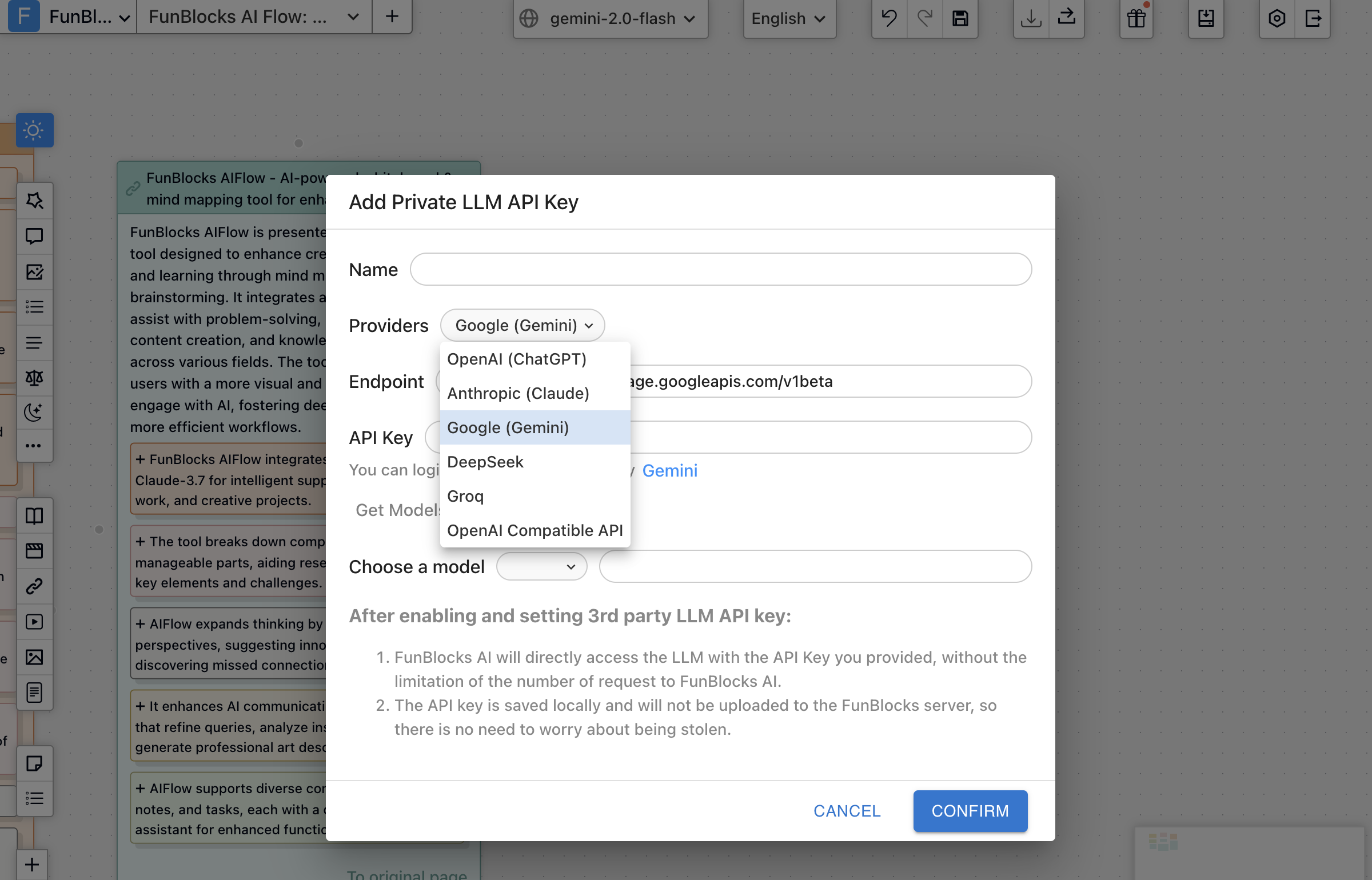FunBlocks AIFlow support using private llm API keys for free