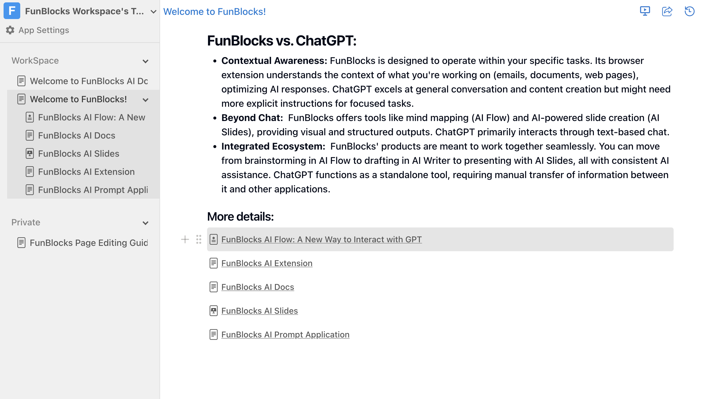 FunBlocks AI Docs: Visual representation of the knowledge workspace integrating links, documents, mind maps, and slides