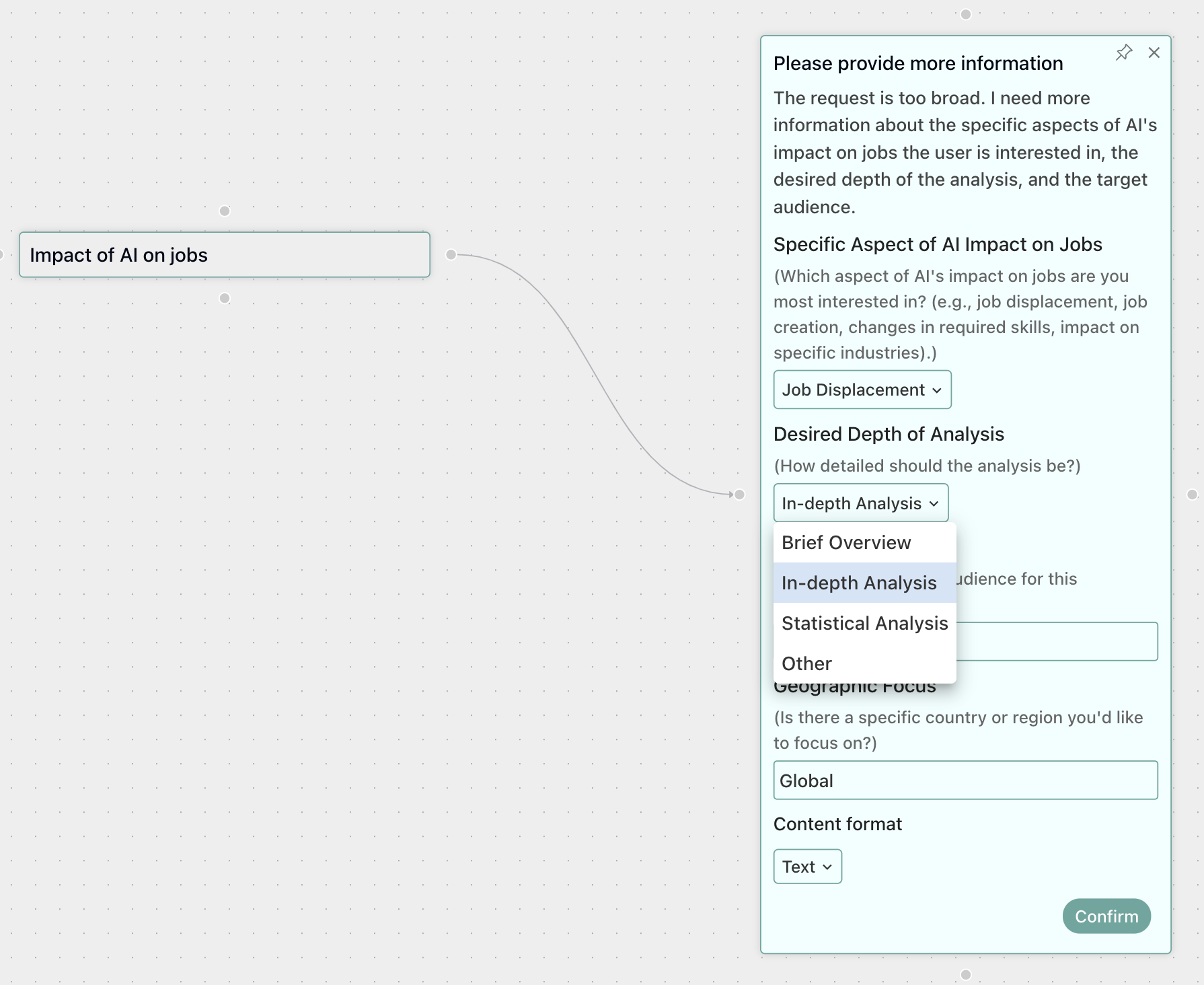 FunBlocks AIFlow confirm requirement with AI generated requirements form