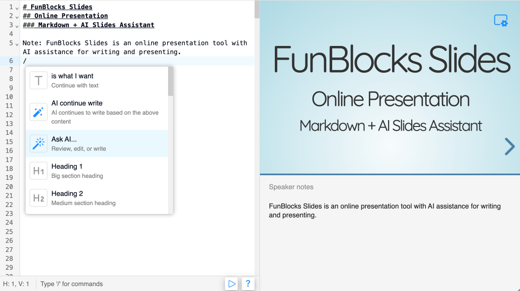 FunBlocks AI Slides Slash command menu