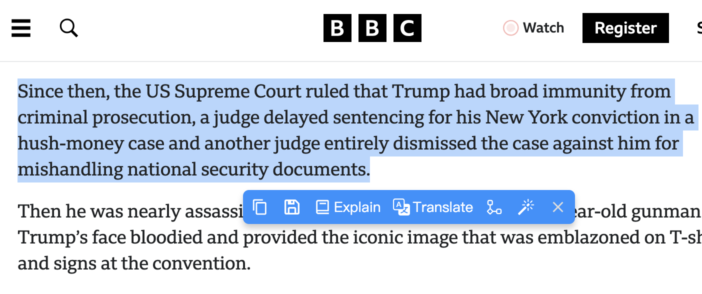 FunBlocks AI contextual toolbar for quick text-based actions including brainstorming, mindmapping, critical thinking analysis, translation, explanation, and text polishing