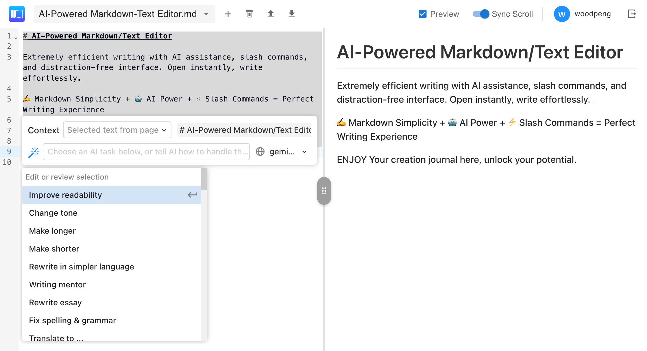 AI writing assistant for markdown content generation and optimization