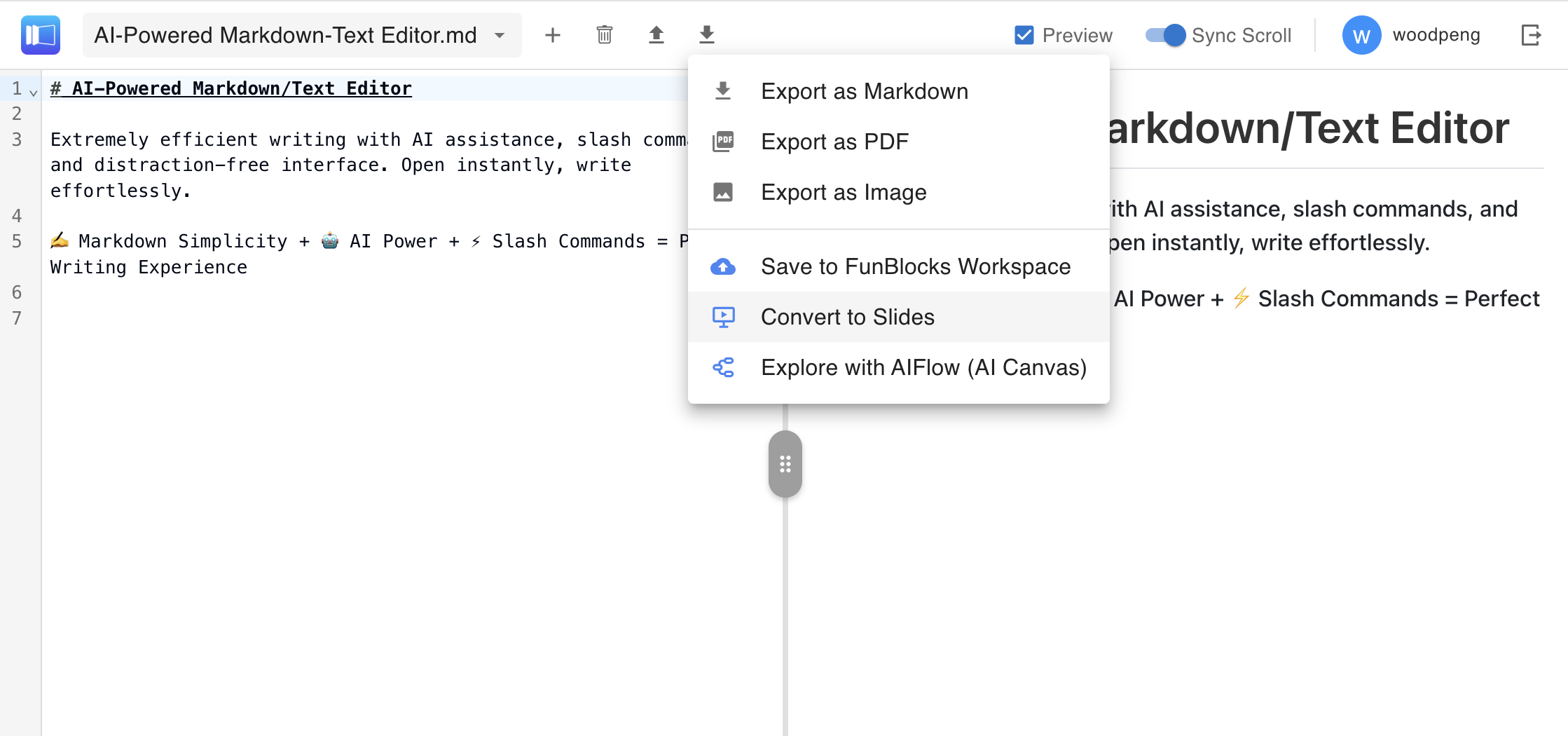 Markdown preview and export features