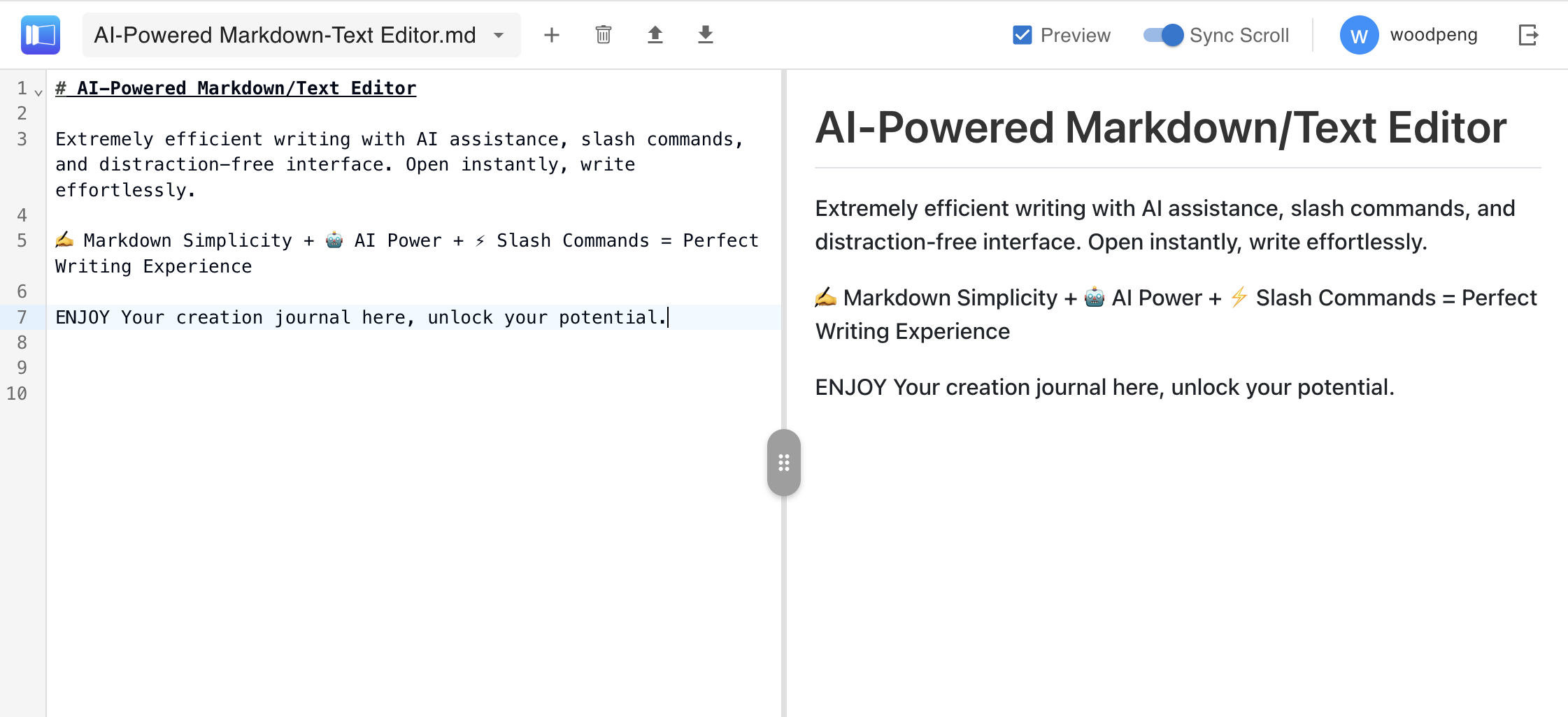 Minimalist markdown editor interface for distraction-free writing