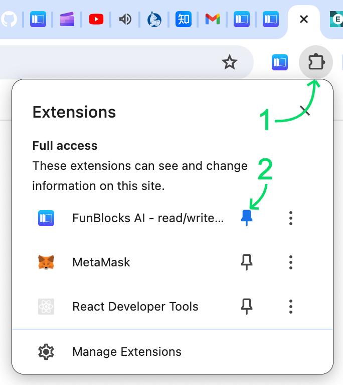 Pin FunBlocks AI extension to browser toolbar for easy access to brainstorming and mindmapping tools