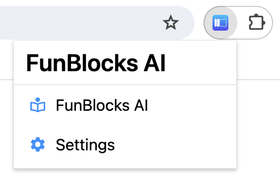 Quick access to FunBlocks AI extension features including critical thinking frameworks and creative writing tools from browser toolbar