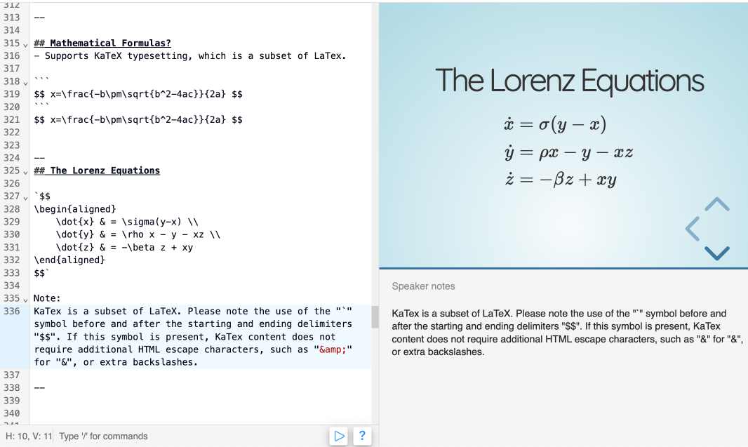 KaTeX typesetting and code block highlighting for academic and professional presentations