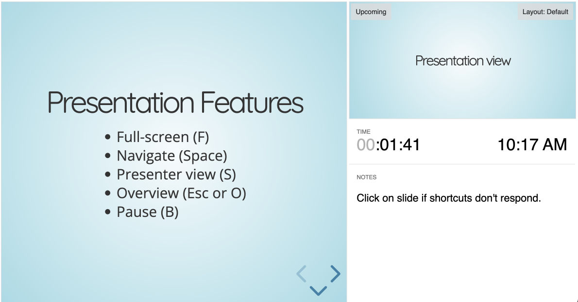 Presenter view with timer, next slide preview, and speaker notes